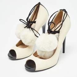 Jimmy Choo White/Black Fur and Leather Open Toe Pumps Size 38