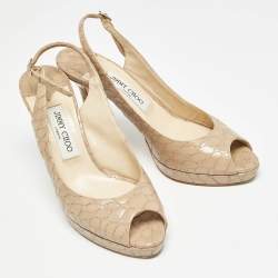 Pre Owned Jimmy Choo Beige Croc Embossed Leather Peep Toe Platform Slingback Sandals Size 39