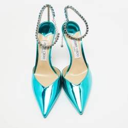 Pre Owned Jimmy Choo Blue Patent Leather Saeda Crystal Embellished Pointed Toe Pumps 40