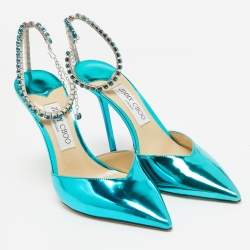 Pre Owned Jimmy Choo Blue Patent Leather Saeda Crystal Embellished Pointed Toe Pumps 40