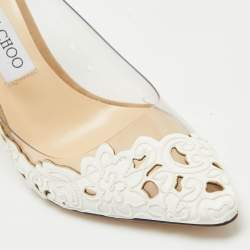Pre Owned Jimmy Choo White Laser Cut Fabric and PVC Romy Pumps Size 37.5
