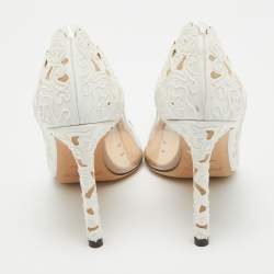 Pre Owned Jimmy Choo White Laser Cut Fabric and PVC Romy Pumps Size 37.5