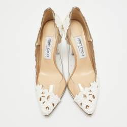 Pre Owned Jimmy Choo White Laser Cut Fabric and PVC Romy Pumps Size 37.5