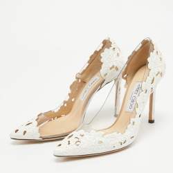Pre Owned Jimmy Choo White Laser Cut Fabric and PVC Romy Pumps Size 37.5