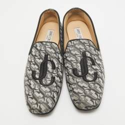 Jimmy Choo Silver/Black Glitter Fabric Sache JC Monogram Smoking Slippers Size 39