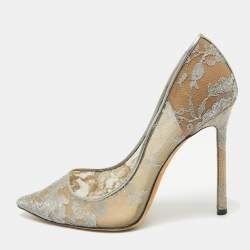 Jimmy Choo Metallic Grey Lace Romy Pumps Size 38