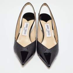 Pre Owned Jimmy Choo Black Logo Embossed Leather Liya Slingback Pumps Size 37.5