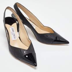 Pre Owned Jimmy Choo Black Logo Embossed Leather Liya Slingback Pumps Size 37.5