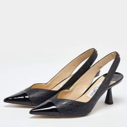 Pre Owned Jimmy Choo Black Logo Embossed Leather Liya Slingback Pumps Size 37.5