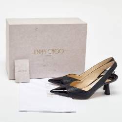 Pre Owned Jimmy Choo Black Logo Embossed Leather Liya Slingback Pumps Size 37.5