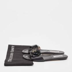 Pre Owned Jimmy Choo Black Leather Floral Appliqué Neave Flat Slides Size 38.5