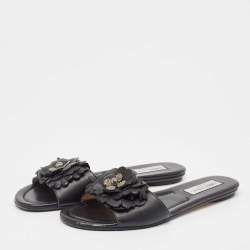 Pre Owned Jimmy Choo Black Leather Floral Appliqué Neave Flat Slides Size 38.5