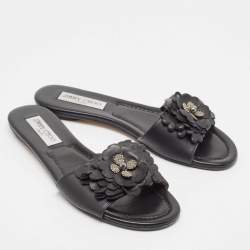 Pre Owned Jimmy Choo Black Leather Floral Appliqué Neave Flat Slides Size 38.5