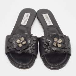 Pre Owned Jimmy Choo Black Leather Floral Appliqué Neave Flat Slides Size 38.5