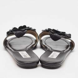 Pre Owned Jimmy Choo Black Leather Floral Appliqué Neave Flat Slides Size 38.5