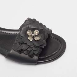 Pre Owned Jimmy Choo Black Leather Floral Appliqué Neave Flat Slides Size 38.5