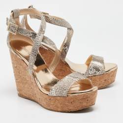 Jimmy Choo Gold Snakeskin Embossed Leather Portia Wedge Sandals Size 40.5