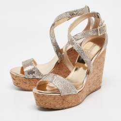 Jimmy Choo Gold Snakeskin Embossed Leather Portia Wedge Sandals Size 40.5