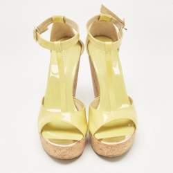 Jimmy Choo Light Green Patent Leather Pania Cork Wedge Sandals Size 39.5