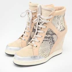 Jimmy Choo Multicolor Suede and Python Embossed Leather Panama Wedge Sneakers Size 39