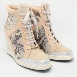 Jimmy Choo Multicolor Suede and Python Embossed Leather Panama Wedge Sneakers Size 39