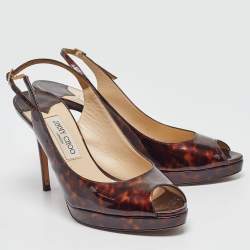 Pre Owned Jimmy Choo Brown Printed Patent Leather Nova Slingback Sandals Size 40.5
