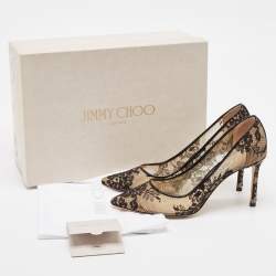 Pre Owned Jimmy Choo Black Lace and Patent Leather Romy Pumps Size 38