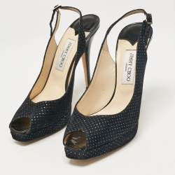 Jimmy Choo Black Embellished Suede Peep Toe Platorm Slingback Pumps Size 41