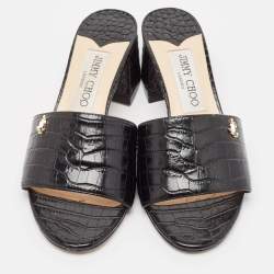 Jimmy Choo Black Croc Embossed Leather Minea Slide Sandals Size 35