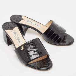 Jimmy Choo Black Croc Embossed Leather Minea Slide Sandals Size 35