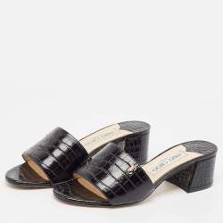 Jimmy Choo Black Croc Embossed Leather Minea Slide Sandals Size 35