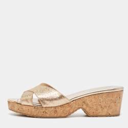 Jimmy Choo Gold Glitter Prima Wedge Sandals Size 37