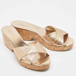 Jimmy Choo Gold Glitter Prima Wedge Sandals Size 37