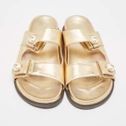 Pre Owned Jimmy Choo Metallic Gold Leather Flat Slides Size 38