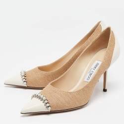 Pre Owned Jimmy Choo Brown/Cream Leather and Raffia Love Pumps Size 38