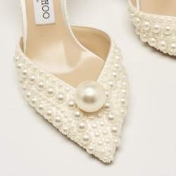 Pre Owned Jimmy Choo Cream Faux Pearl and Satin D'orsay Pumps Size 37.5