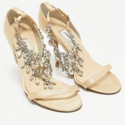 Jimmy Choo Gold Satin Crystal Embellished Ankle Strap Sandals Size 38