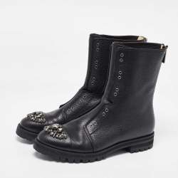 Pre Owned حذاء بوت كومبات جيمي تشو كروز جلد أسود مزخرف كريستال مقاس 38