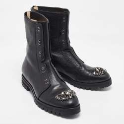 Pre Owned حذاء بوت كومبات جيمي تشو كروز جلد أسود مزخرف كريستال مقاس 38