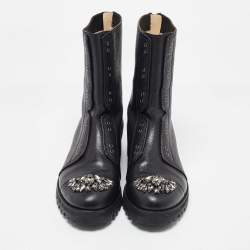 Pre Owned حذاء بوت كومبات جيمي تشو كروز جلد أسود مزخرف كريستال مقاس 38