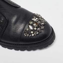 Pre Owned حذاء بوت كومبات جيمي تشو كروز جلد أسود مزخرف كريستال مقاس 38