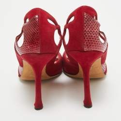 Pre Owned Jimmy Choo Red Suede and Watersnake Cut Out Open Toe Pumps Size 39.5