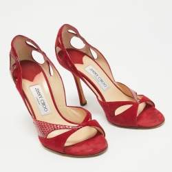 Pre Owned Jimmy Choo Red Suede and Watersnake Cut Out Open Toe Pumps Size 39.5