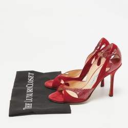 Pre Owned Jimmy Choo Red Suede and Watersnake Cut Out Open Toe Pumps Size 39.5