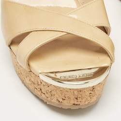 Jimmy Choo Beige Patent Prima Wedge Sandals Size 37