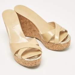 Jimmy Choo Beige Patent Prima Wedge Sandals Size 37