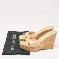 Jimmy Choo Beige Patent Prima Wedge Sandals Size 37