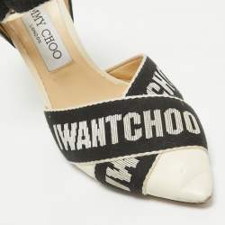 Jimmy Choo White/Black Leather and Canvas Buckle Pumps Size 37