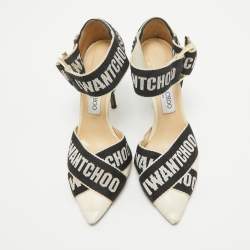 Jimmy Choo White/Black Leather and Canvas Buckle Pumps Size 37