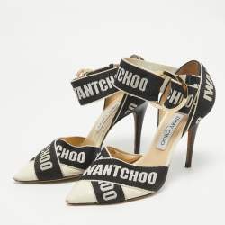 Jimmy Choo White/Black Leather and Canvas Buckle Pumps Size 37